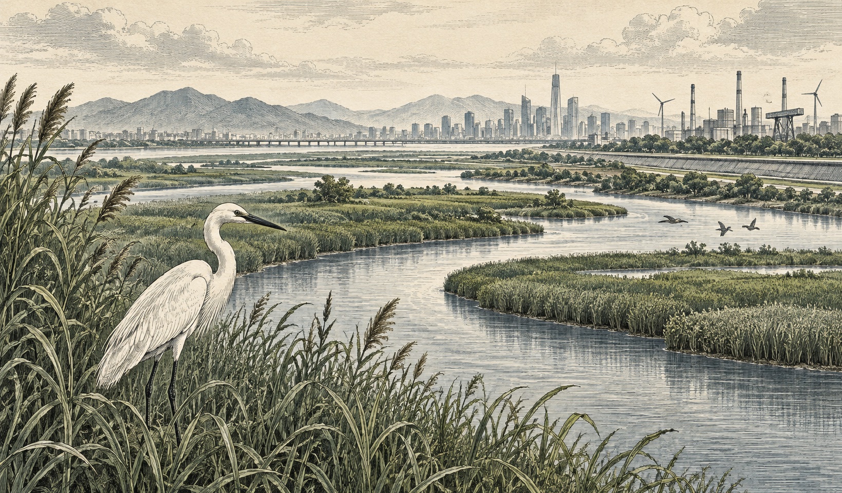 An illustrated wetland and egret, with a river and industrial skyline in the distance.